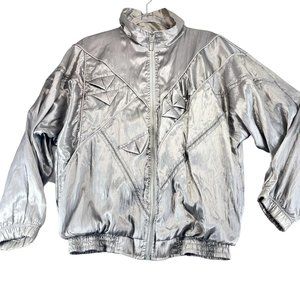 Vintage GREAT CAVALIER Womens M Metallic Silver Windbreaker 80s Pockets Retro